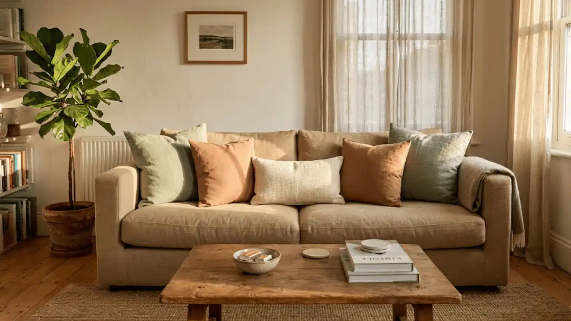 sunlit living room sofa styled with mixed throw pillows in sage, terracotta, and cream tones
