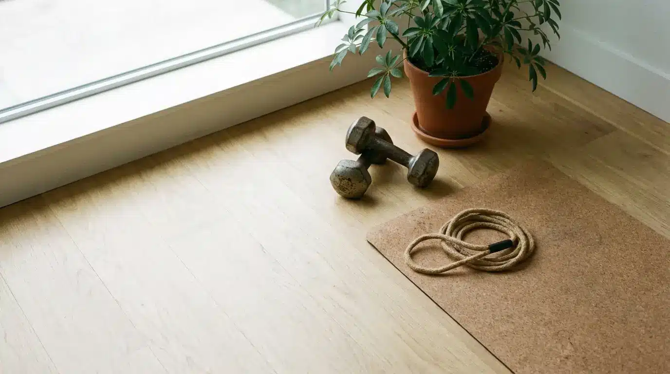 Dumbbell, jump rope, and potted plant on wooden floor next to window