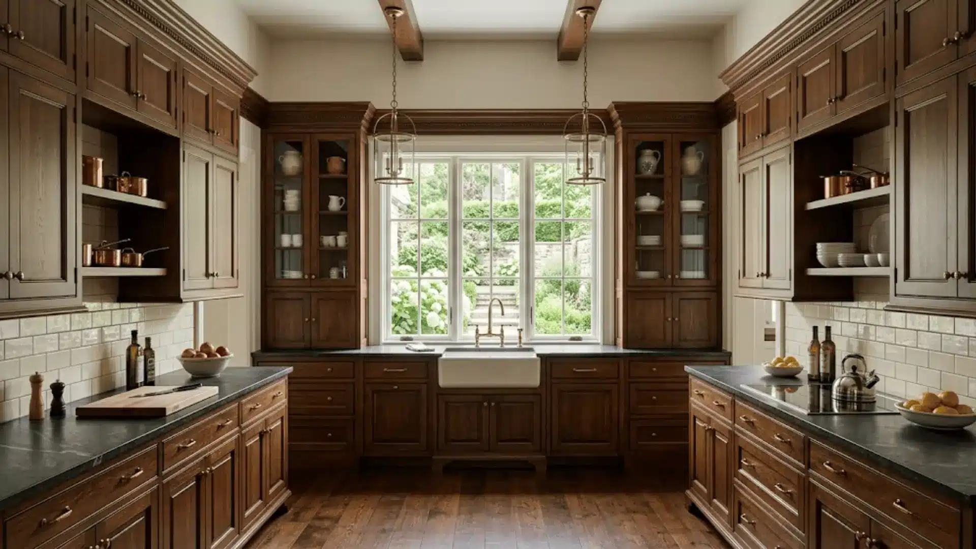 symmetrical traditional kitchen with centered window above farmhouse sink and matching cabinetry on both sides