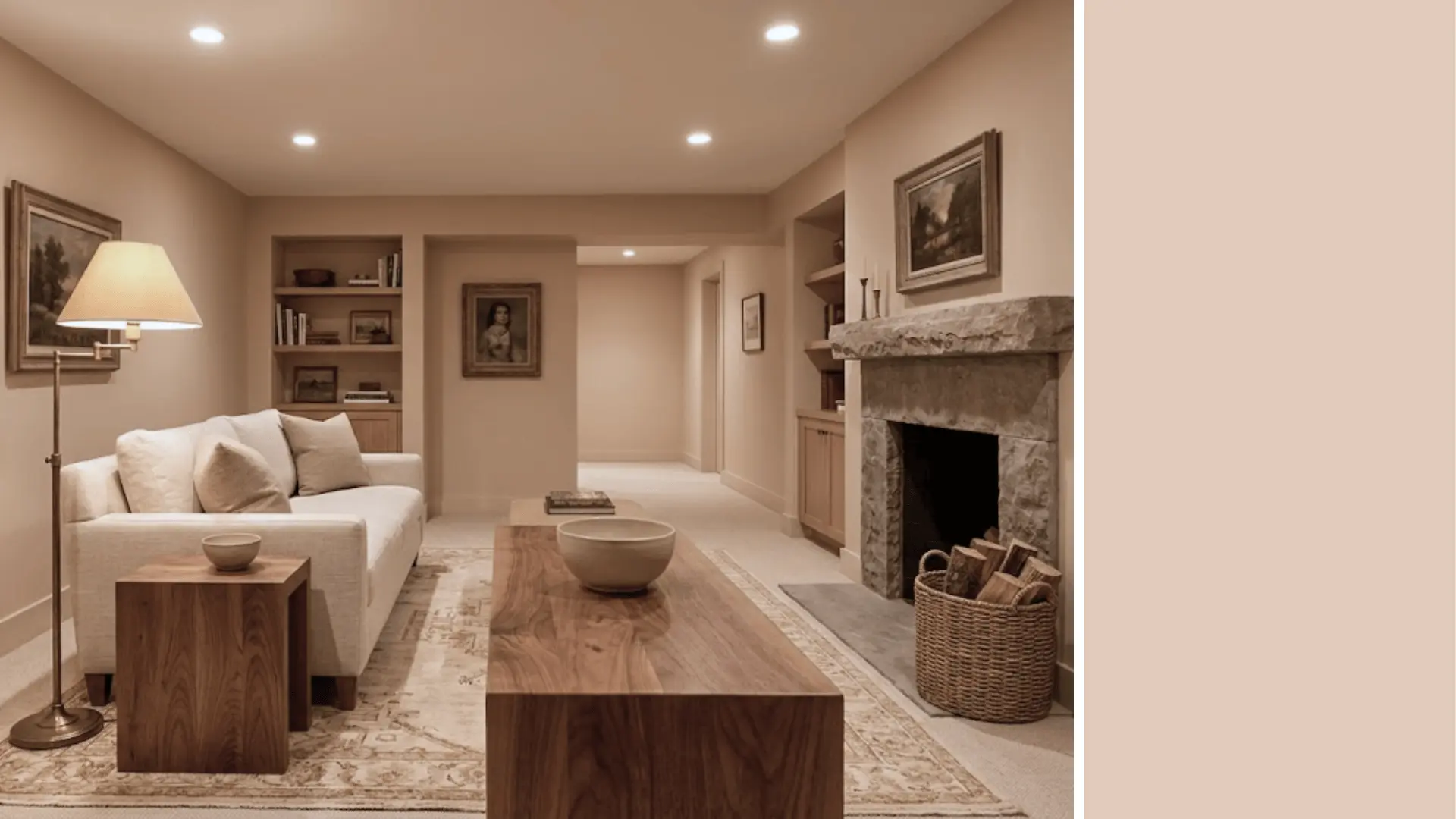 tagsale linen 3001-10c warm sandy beige basement lounge walls with ceramic bowl swatch