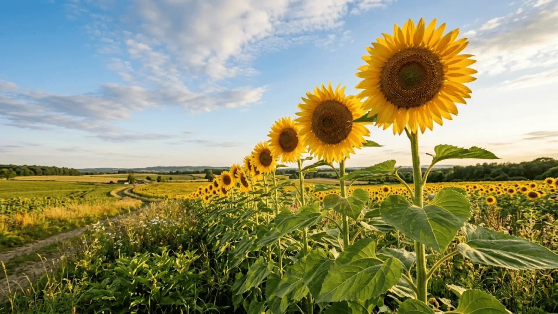 tall golden sunflowers with dark centers standing in an open field under a clear blue sky