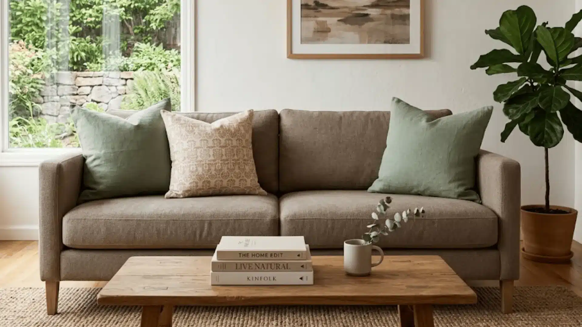taupe sofa with three pillows in sage linen and terracotta print in a balanced center arrangement