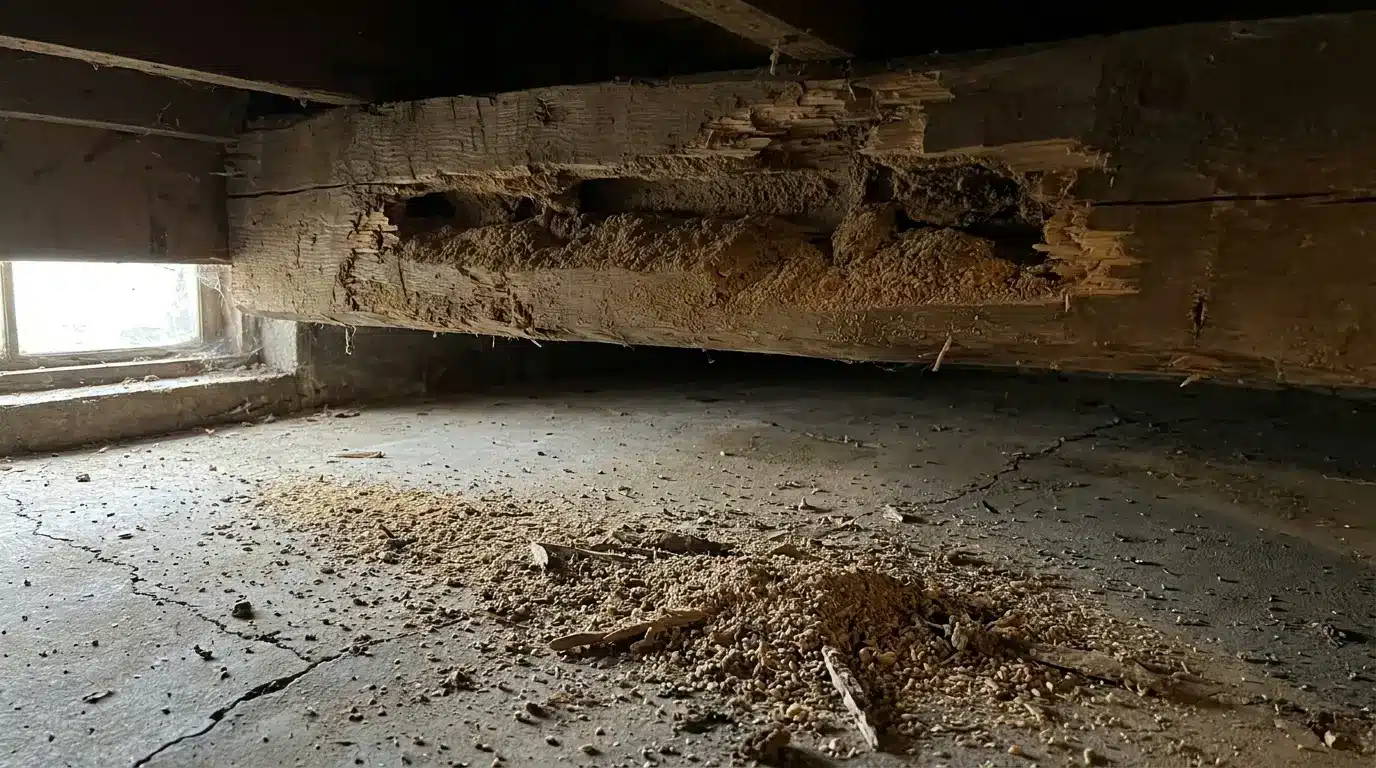 Damaged wooden beam in dimly lit basement with scattered wood debris on concrete floor