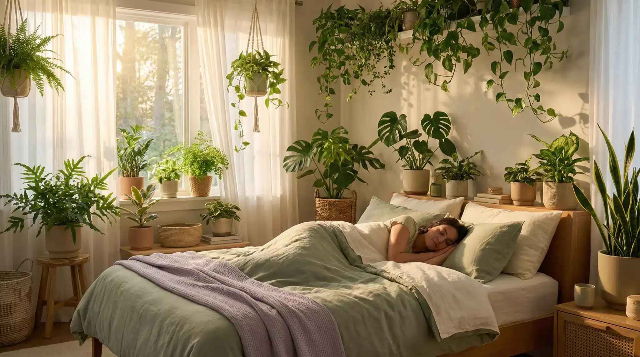 Woman sleeping in cozy bedroom filled with various potted plants and soft natural light
