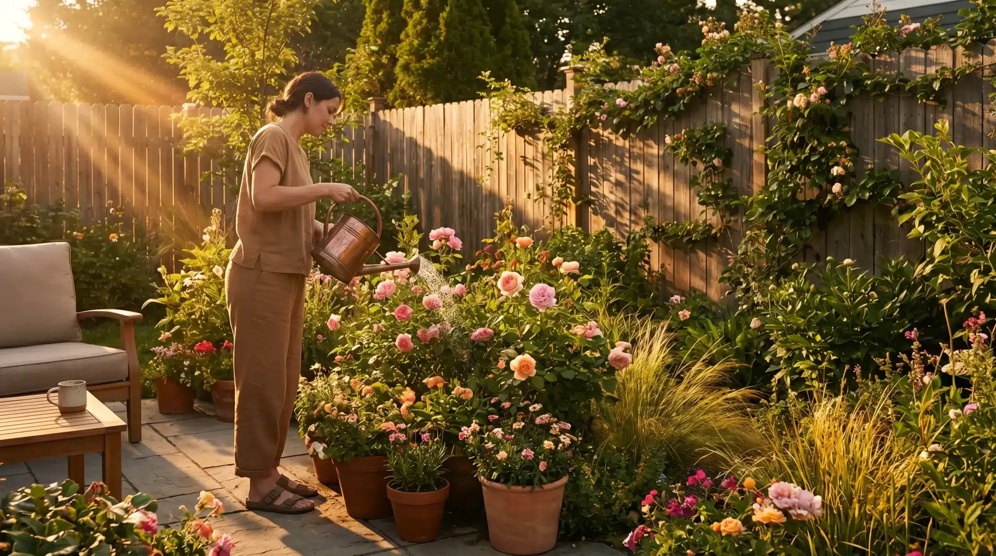 Woman watering flowers in sunny backyard garden with wooden fence and potted plants