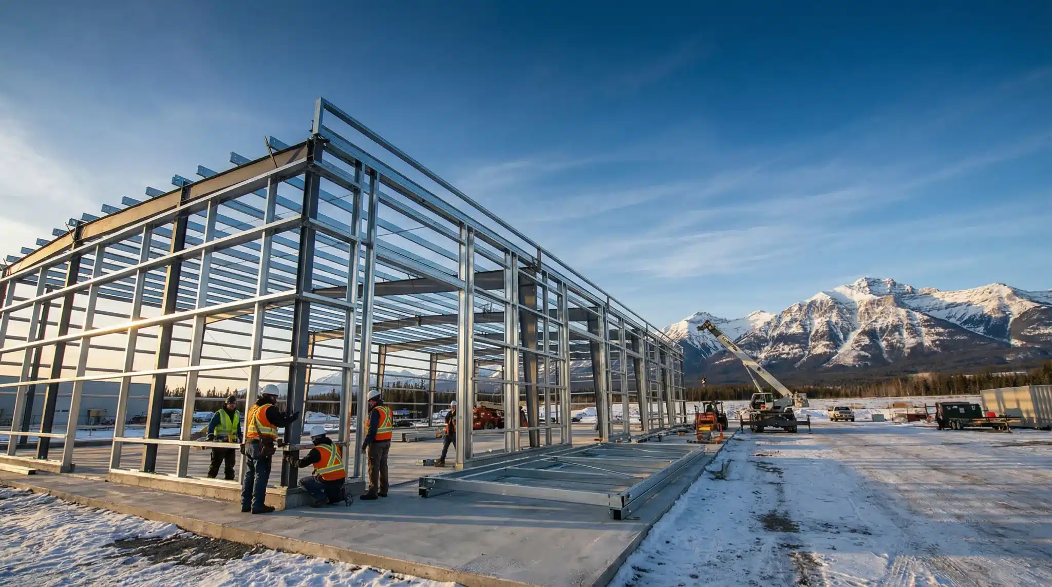 Steel framework of a building under construction with workers and snowy mountain backdrop