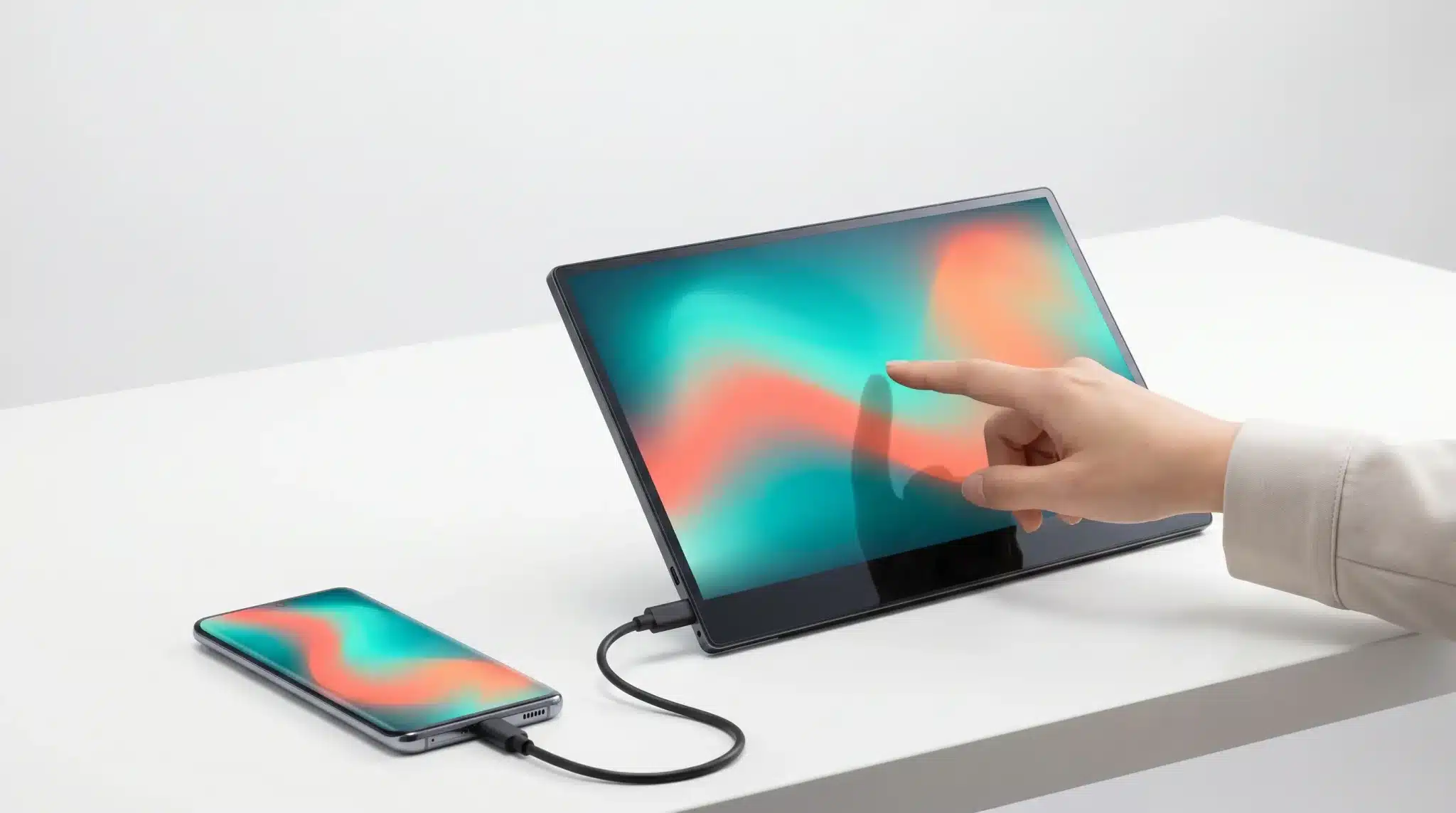 Hand interacting with a touchscreen tablet connected to a smartphone on white desk