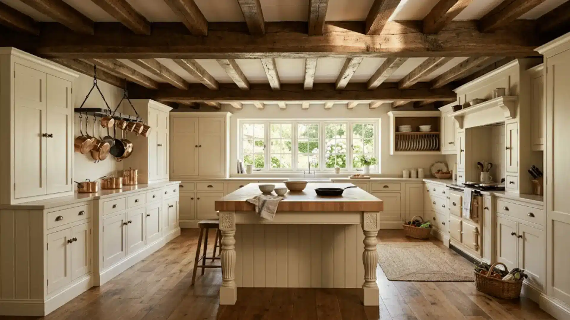 thick dark oak exposed ceiling beams in a traditional cream kitchen with hardwood floors and copper pots