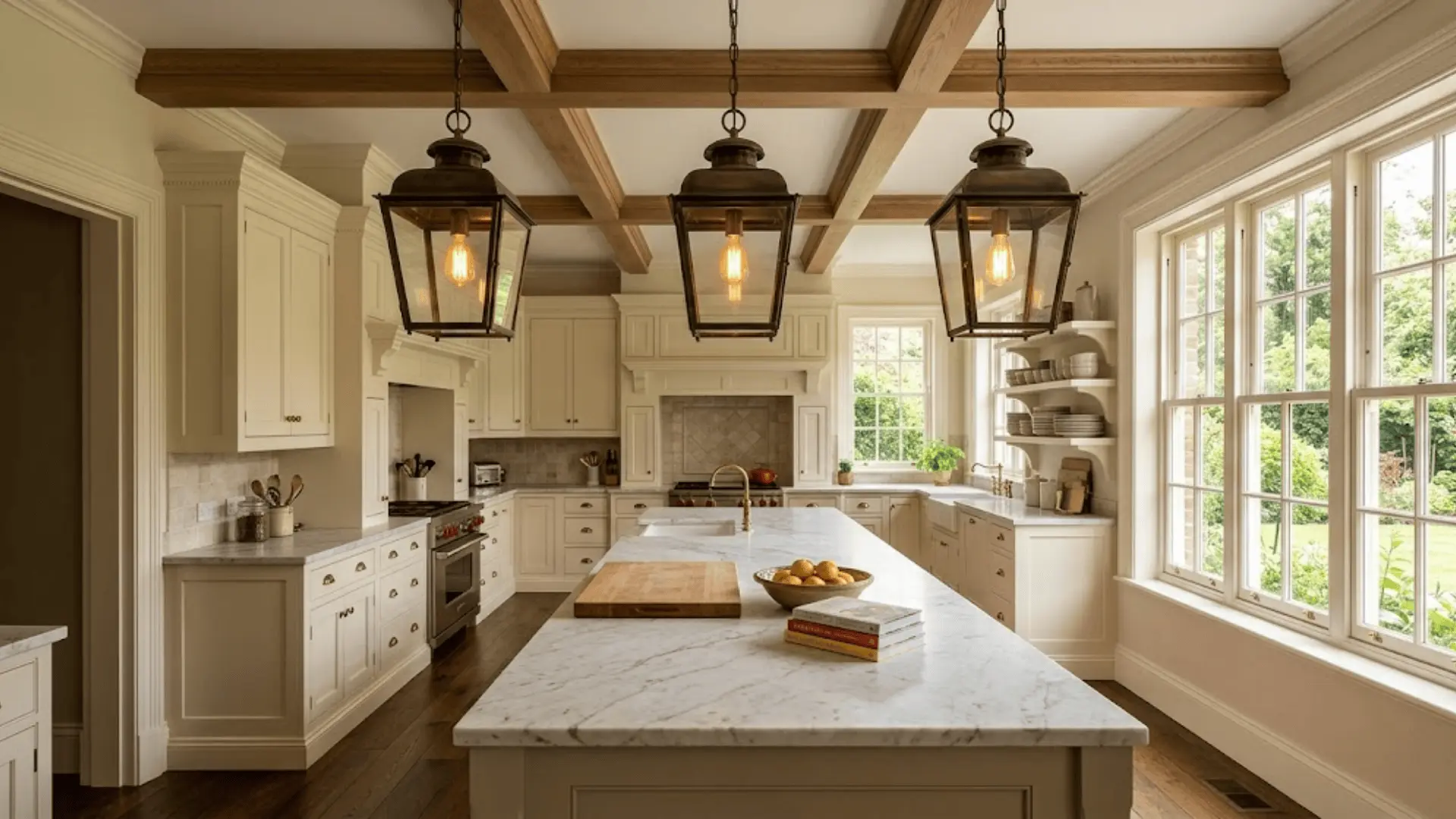 three antique brass lantern pendant lights over a marble kitchen island in warm afternoon light