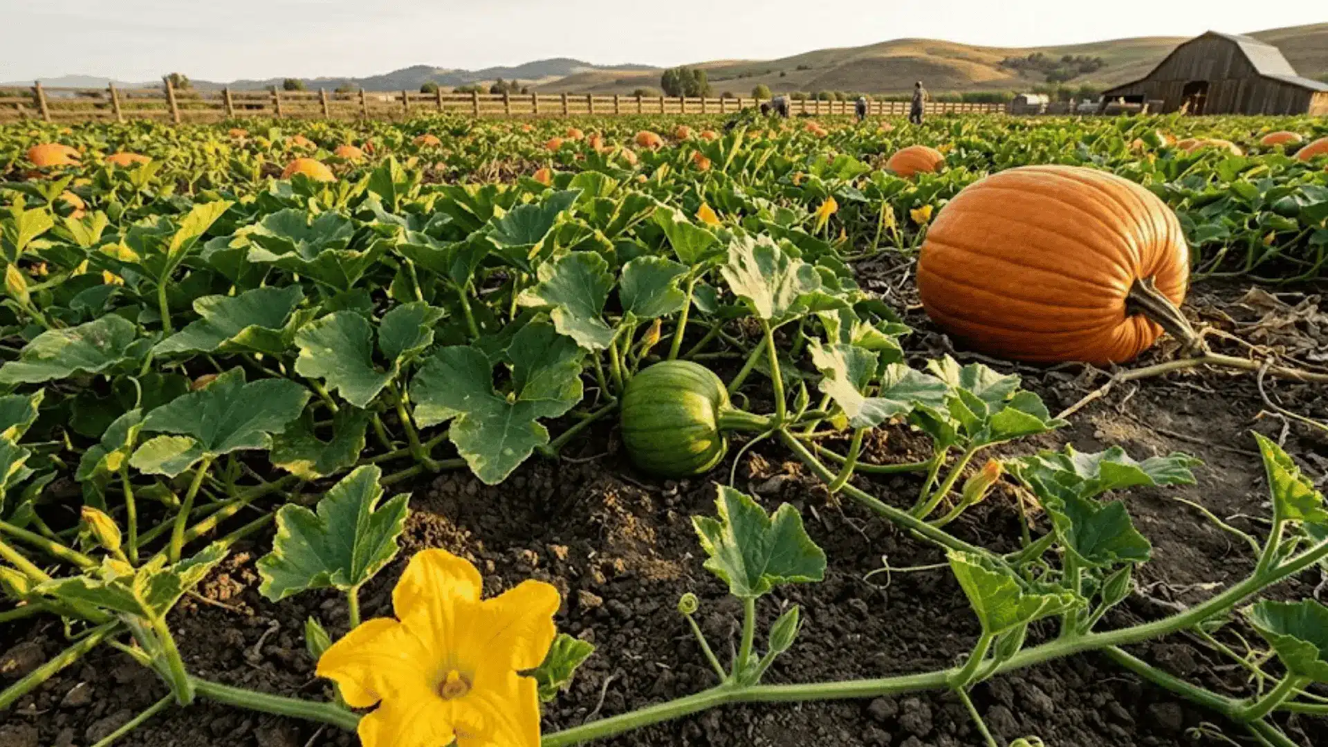 thriving pumpkin patch with open yellow bloom, green vines, and mature orange pumpkin in natural light