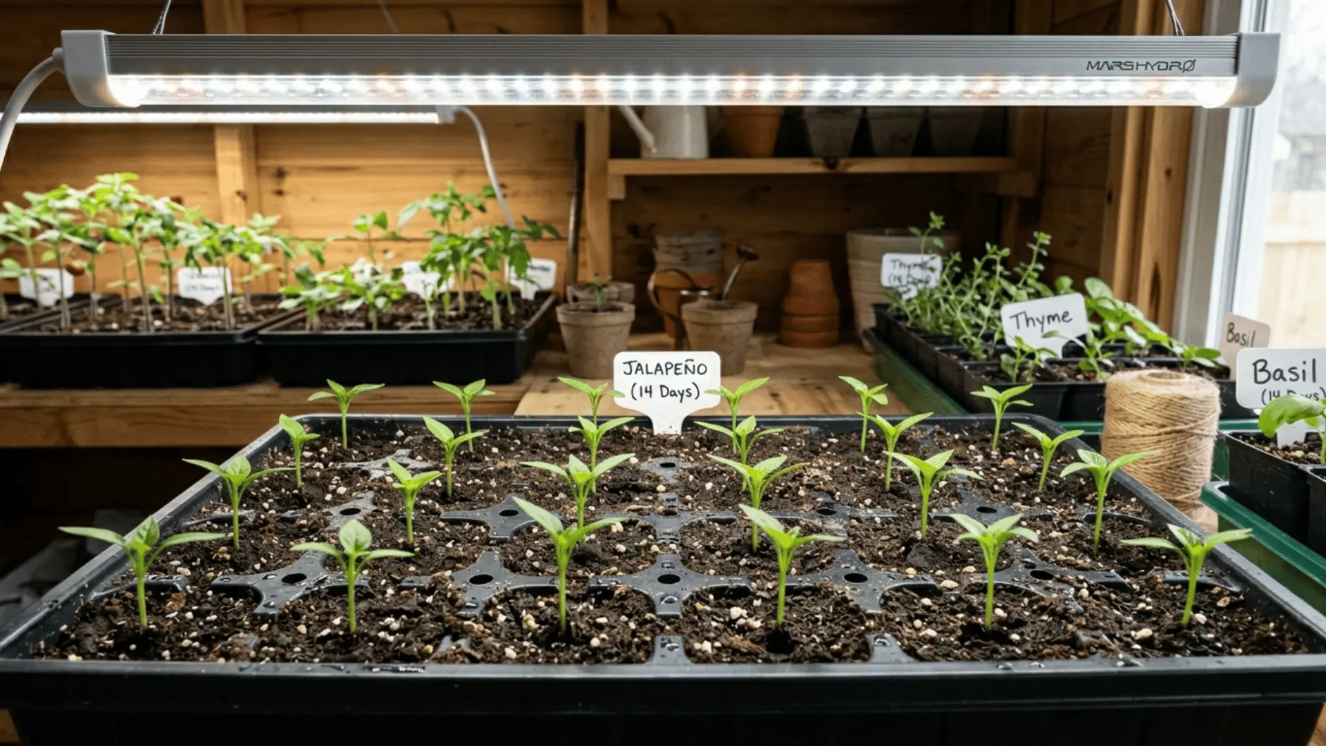 tiny jalapeño seedlings with small green leaves growing under a full-spectrum grow light on a shelf