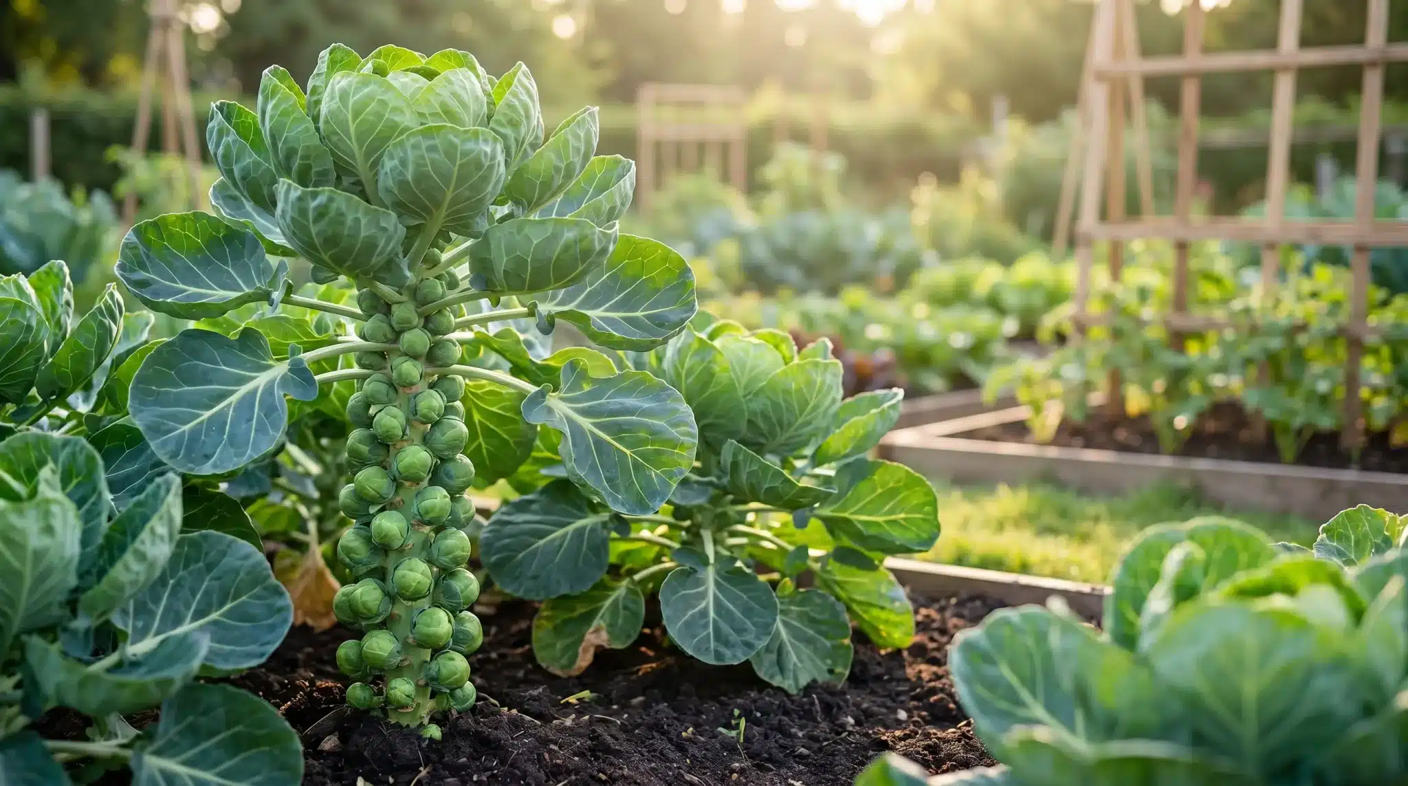 Brussels sprouts growing in a sunlit vegetable garden with raised beds