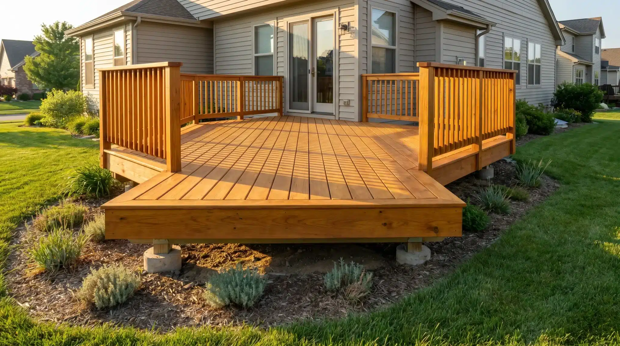 Wooden deck with railings in a backyard with green lawn and shrubs
