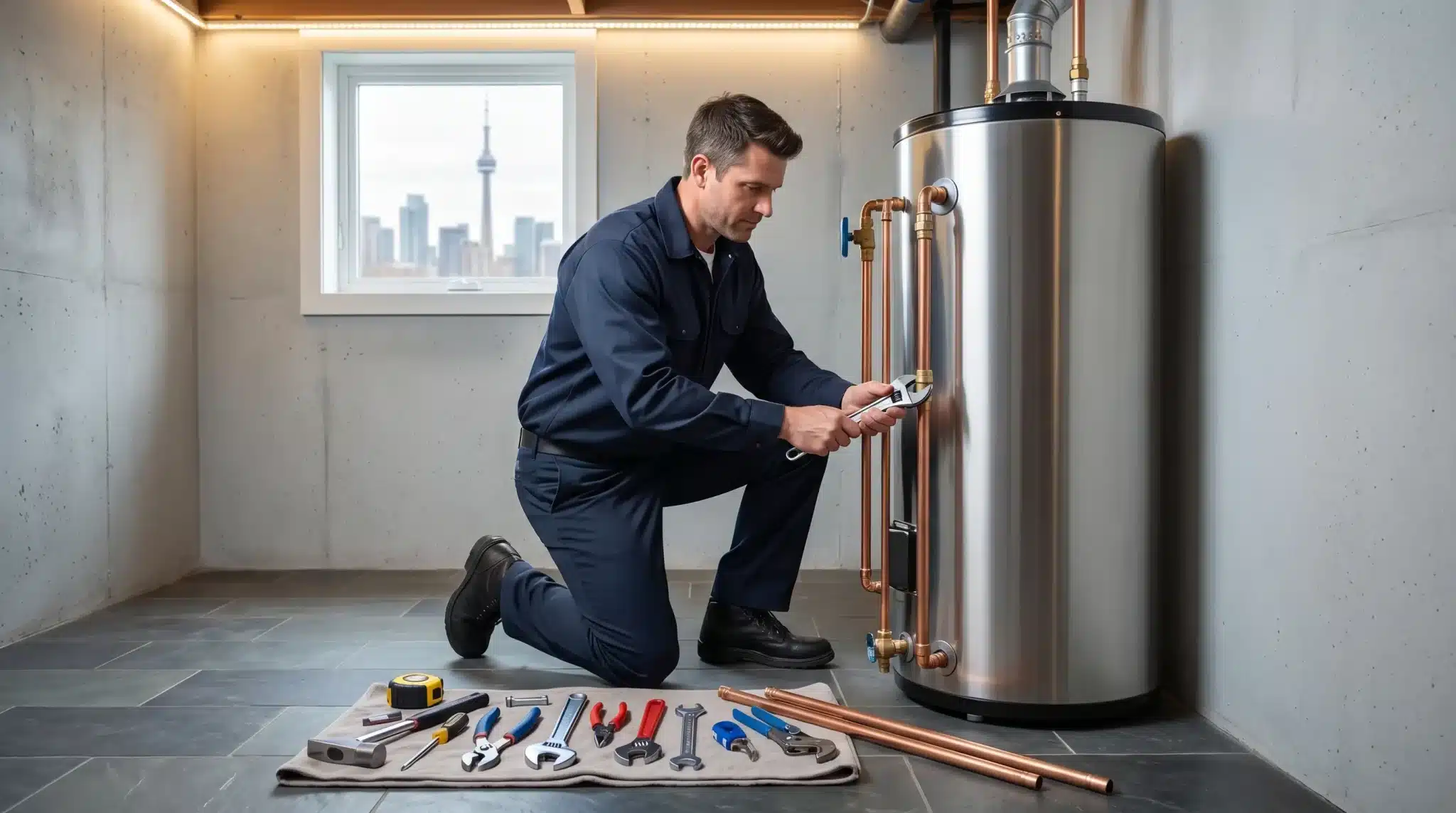 Plumber adjusting pipes on a water heater in a modern utility room with tools on the floor