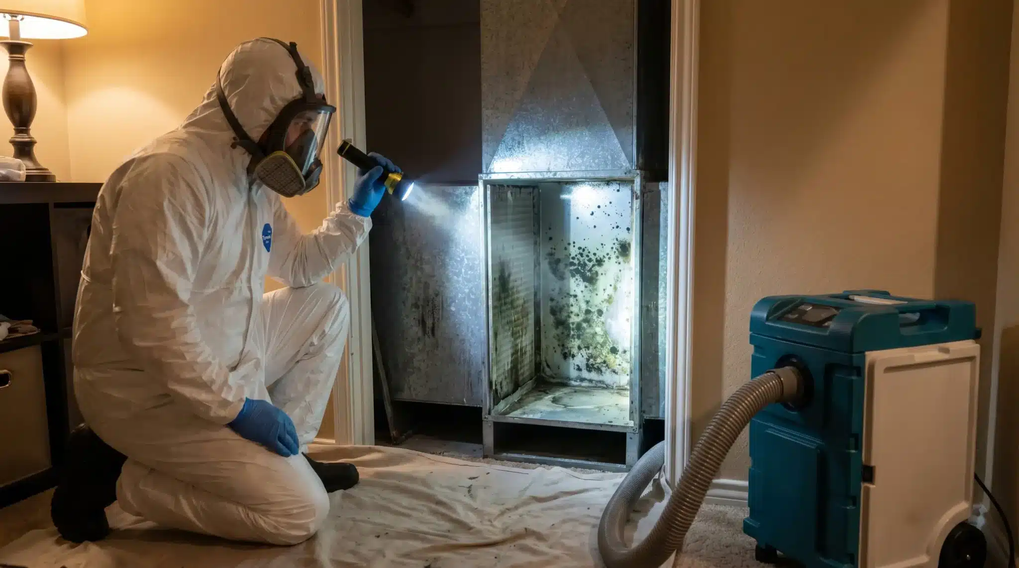 Technician in protective suit inspecting moldy air duct with flashlight and vacuum in dimly lit room