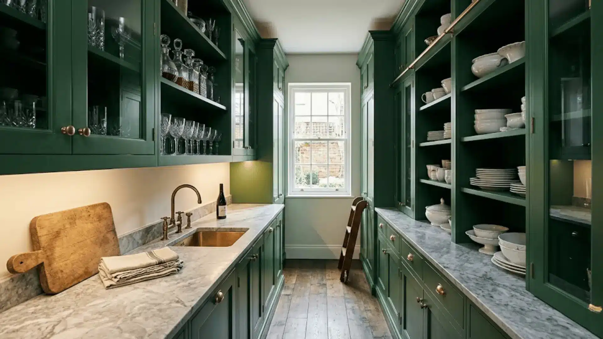 traditional butler's pantry with deep green cabinetry open shelving and brass fixtures