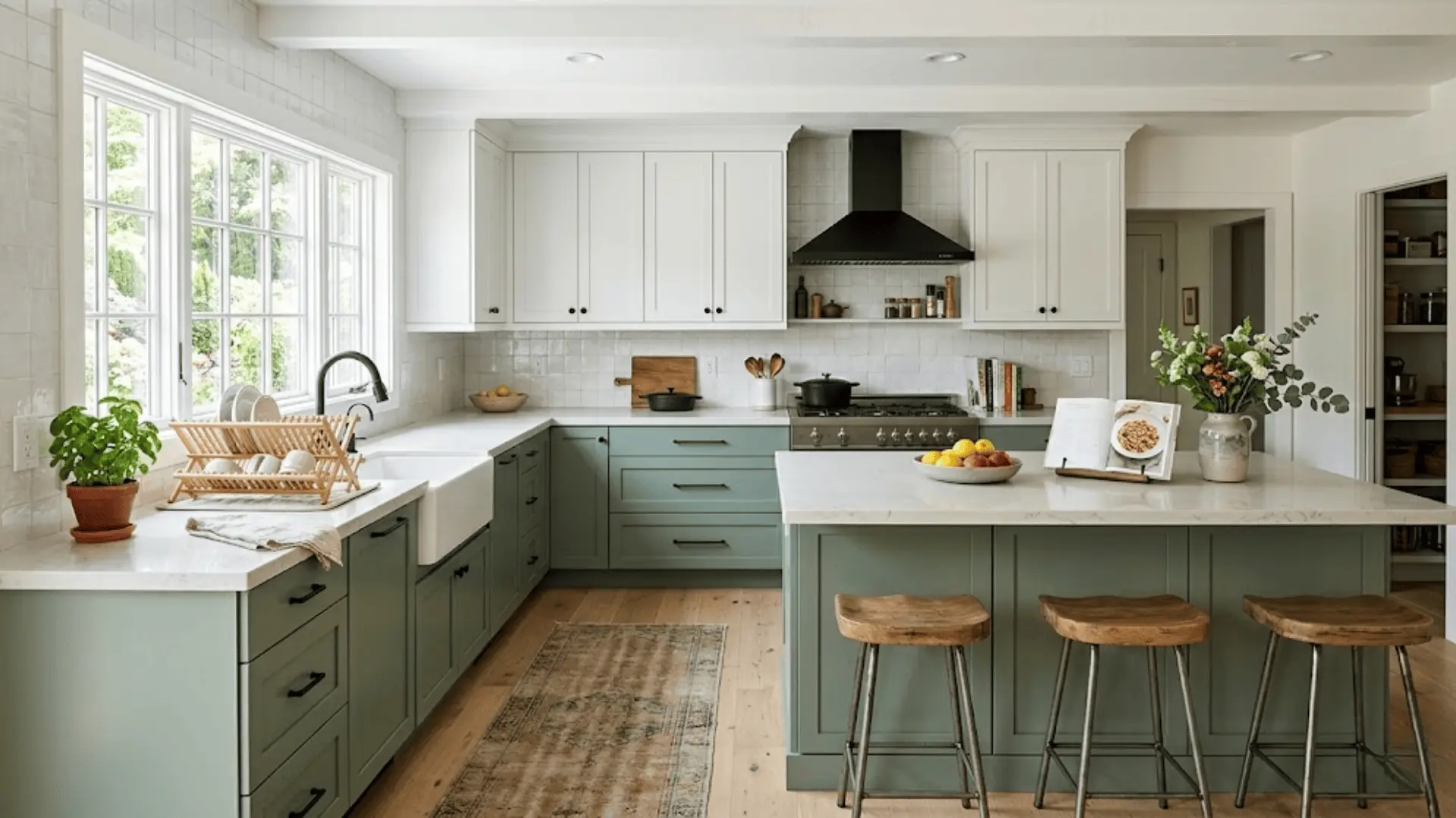 two-tone kitchen with sage green lower cabinets and white shaker upper cabinets with matte black hardware