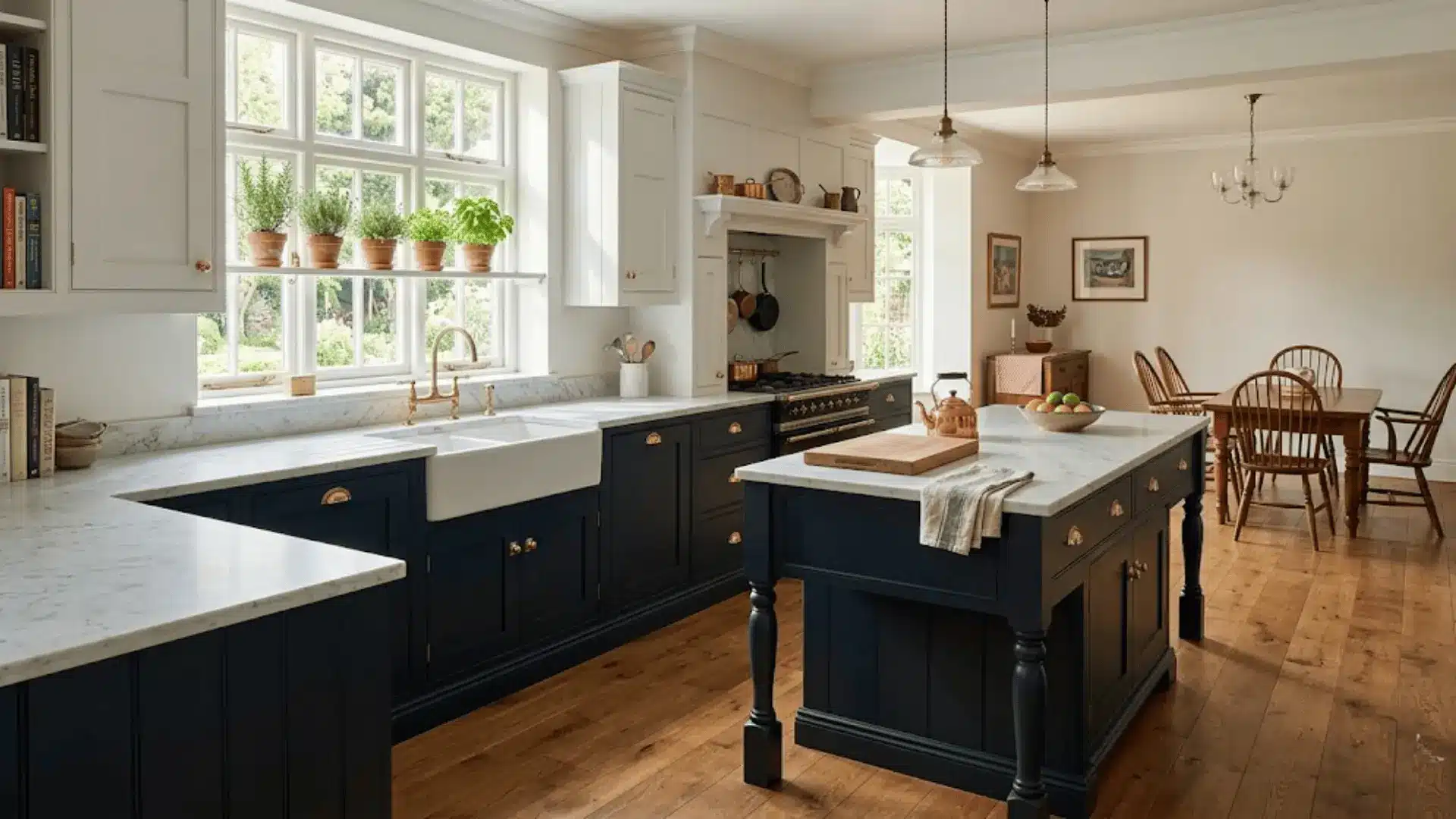 two-tone traditional kitchen with white upper and navy lower cabinets and brass hardware