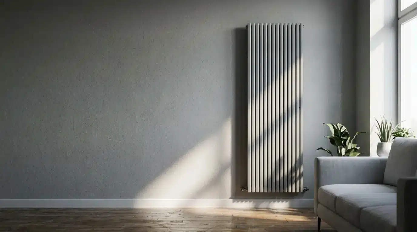 Tall vertical radiator on a light gray wall in a modern living room with plants and sofa