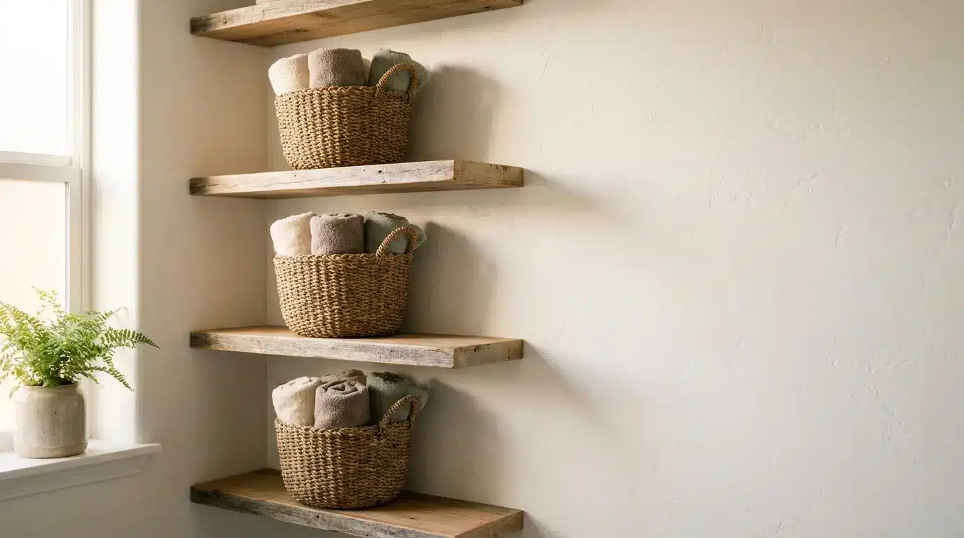 Wicker baskets with towels on wooden wall shelves next to window with plant