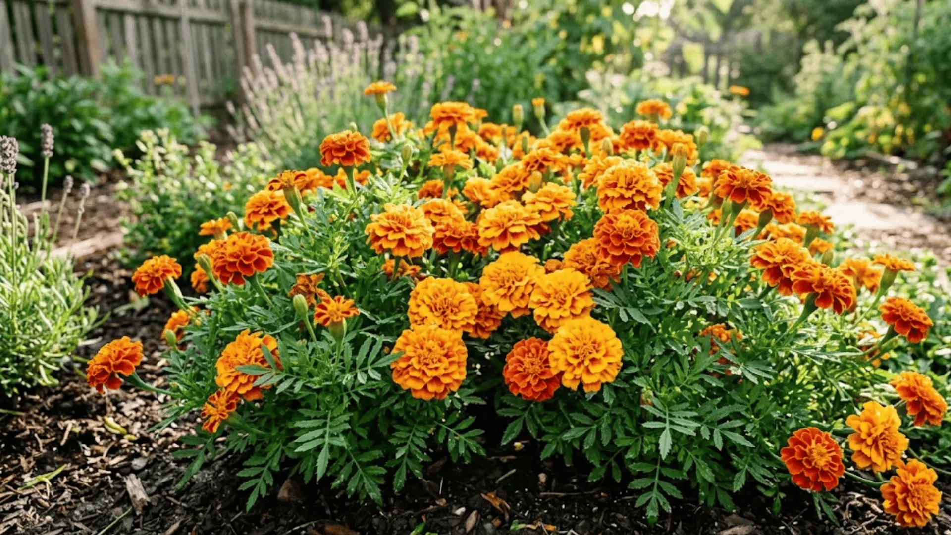 vibrant orange and yellow marigolds blooming in a sunlit garden bed with green foliage