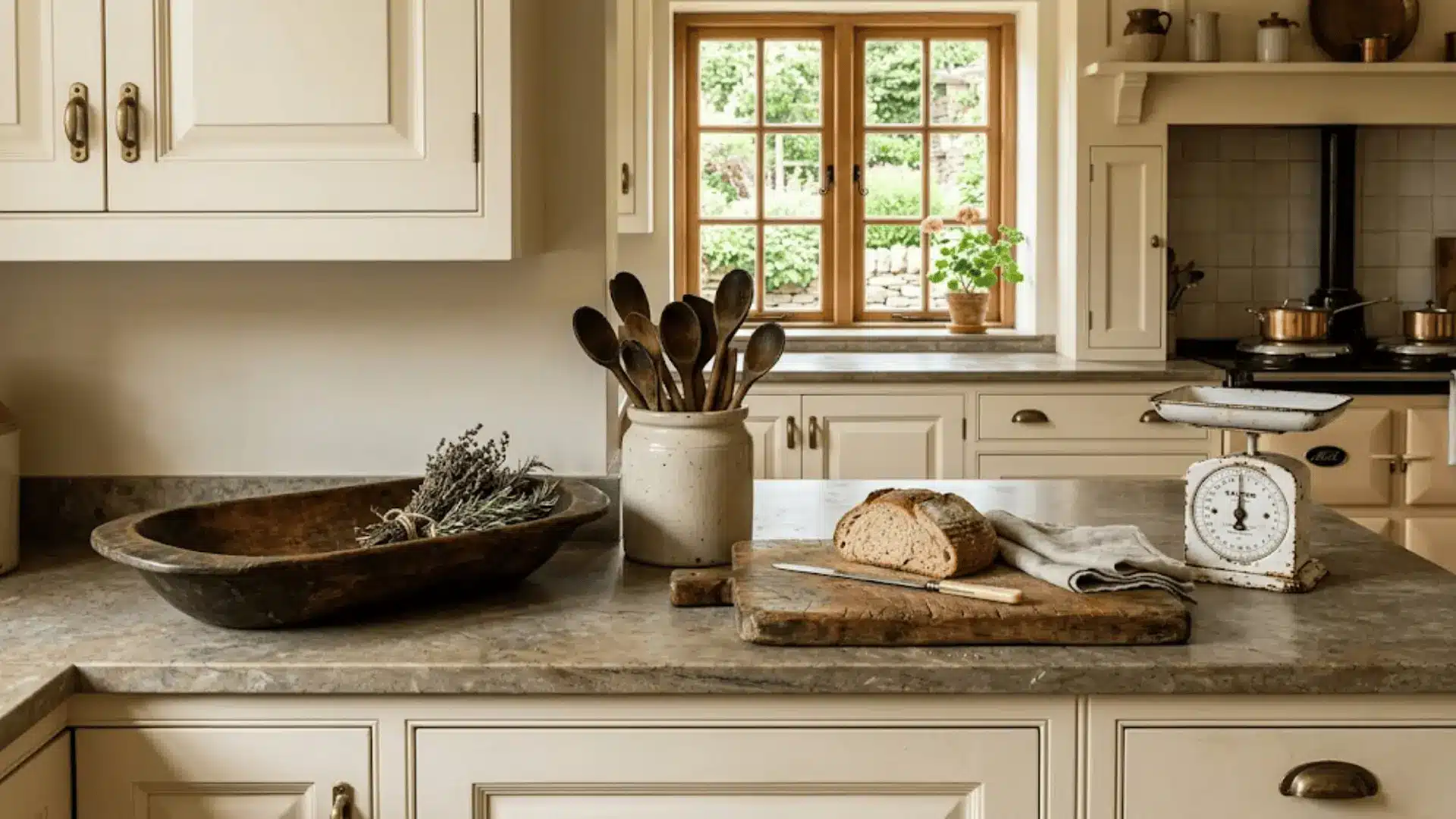 vintage kitchen accessories on a stone countertop including wooden cutting board ceramic crock and antique scale