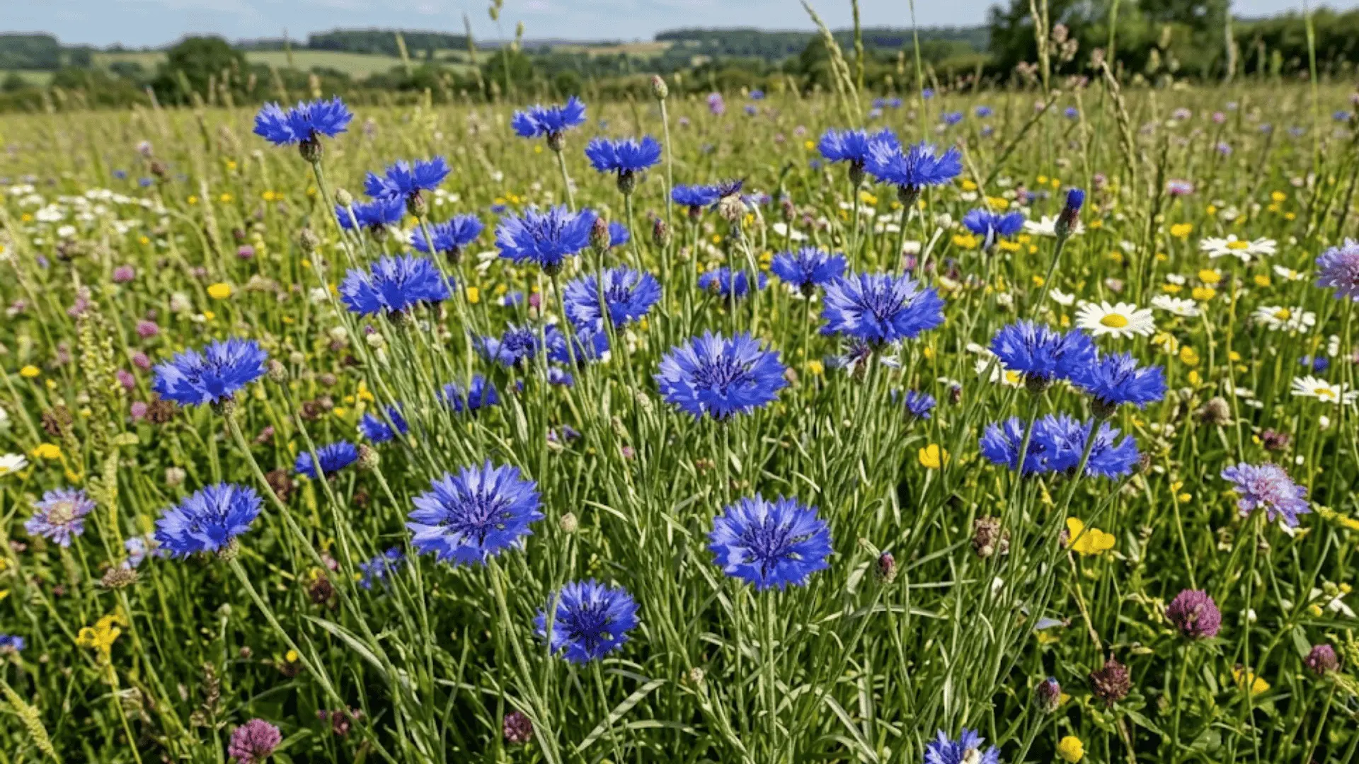 vivid blue cornflowers in full bloom in a sunny wildflower meadow with green stems and grasses