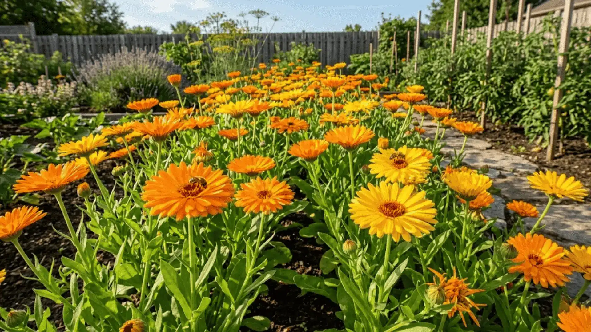 vivid orange and yellow calendula flowers in full bloom with bees in a bright garden setting