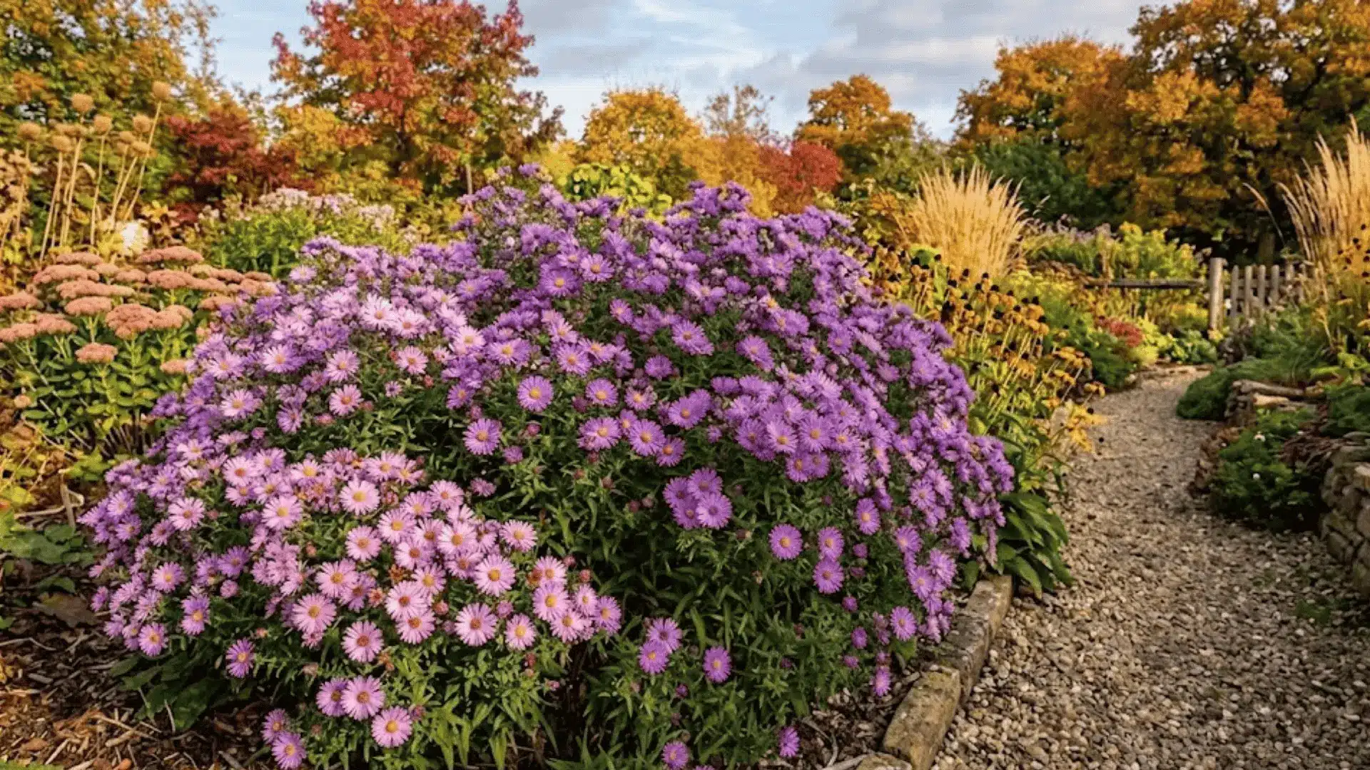vivid purple and pink autumn asters with yellow centers in full bloom with butterflies in a garden setting