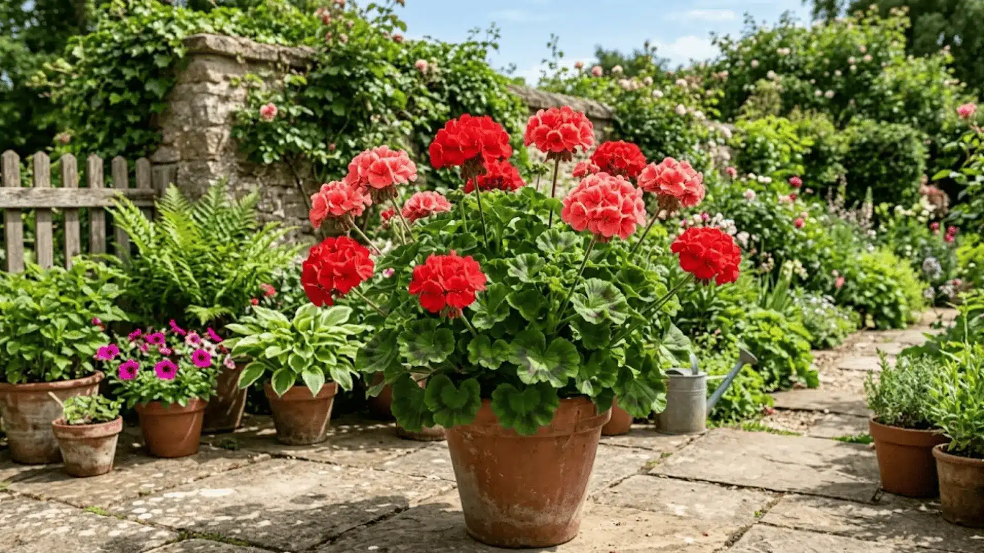 vivid red and salmon geraniums with textured zonal leaves in a pot on a bright sunny outdoor surface