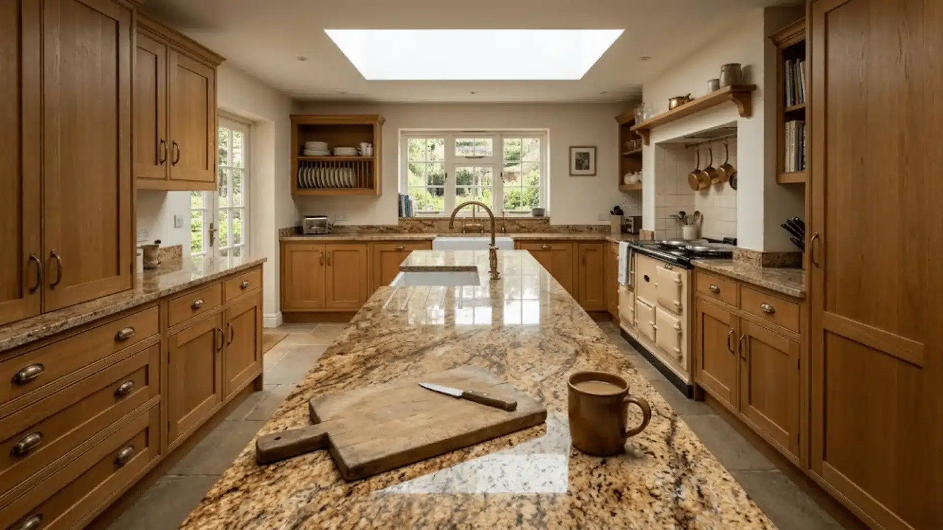 warm brown granite countertops with natural mineral texture in a traditional wood-cabinet kitchen