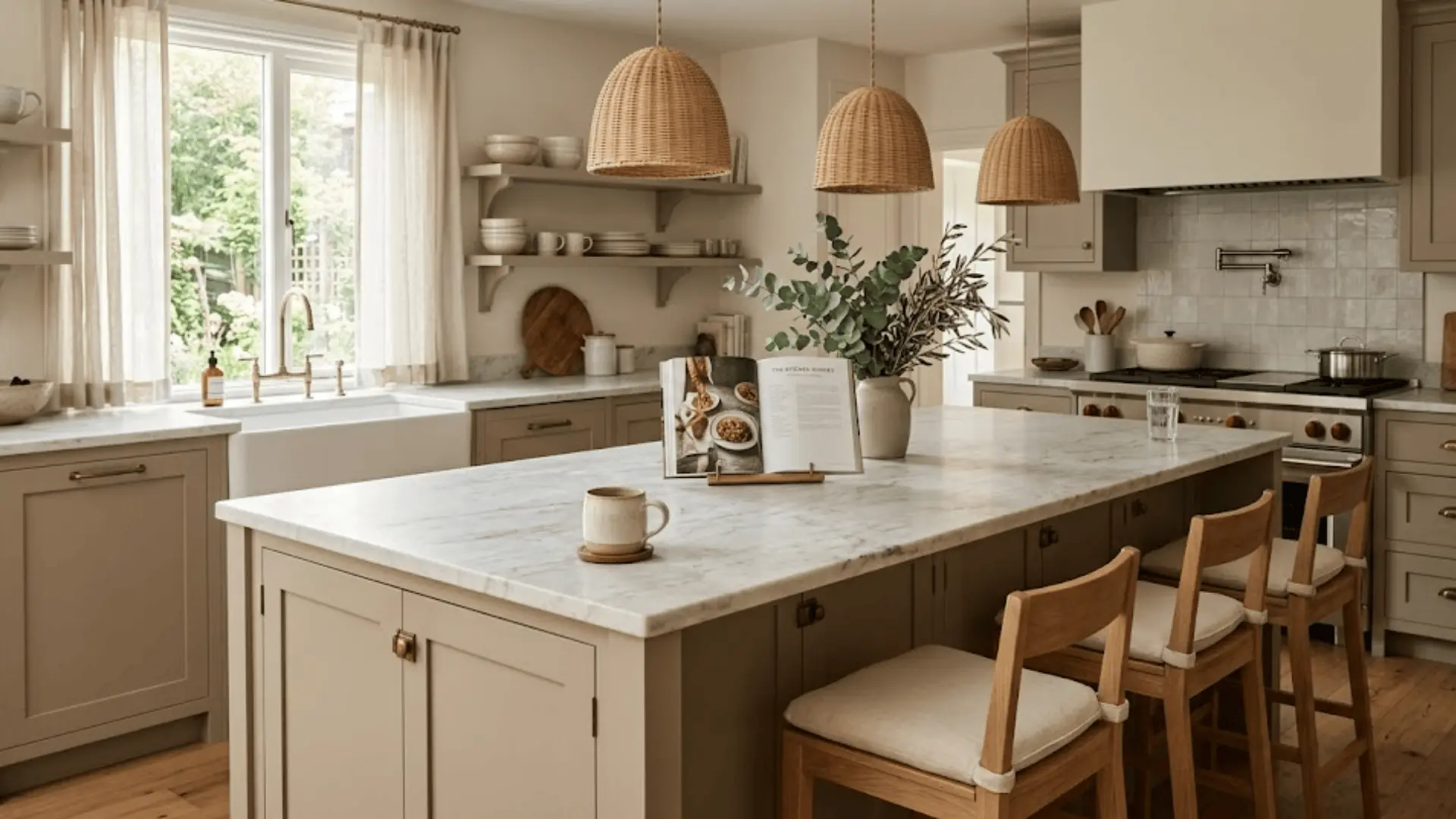 warm inviting kitchen island with marble countertop, rattan pendants, oak stools, and morning light through linen curtains