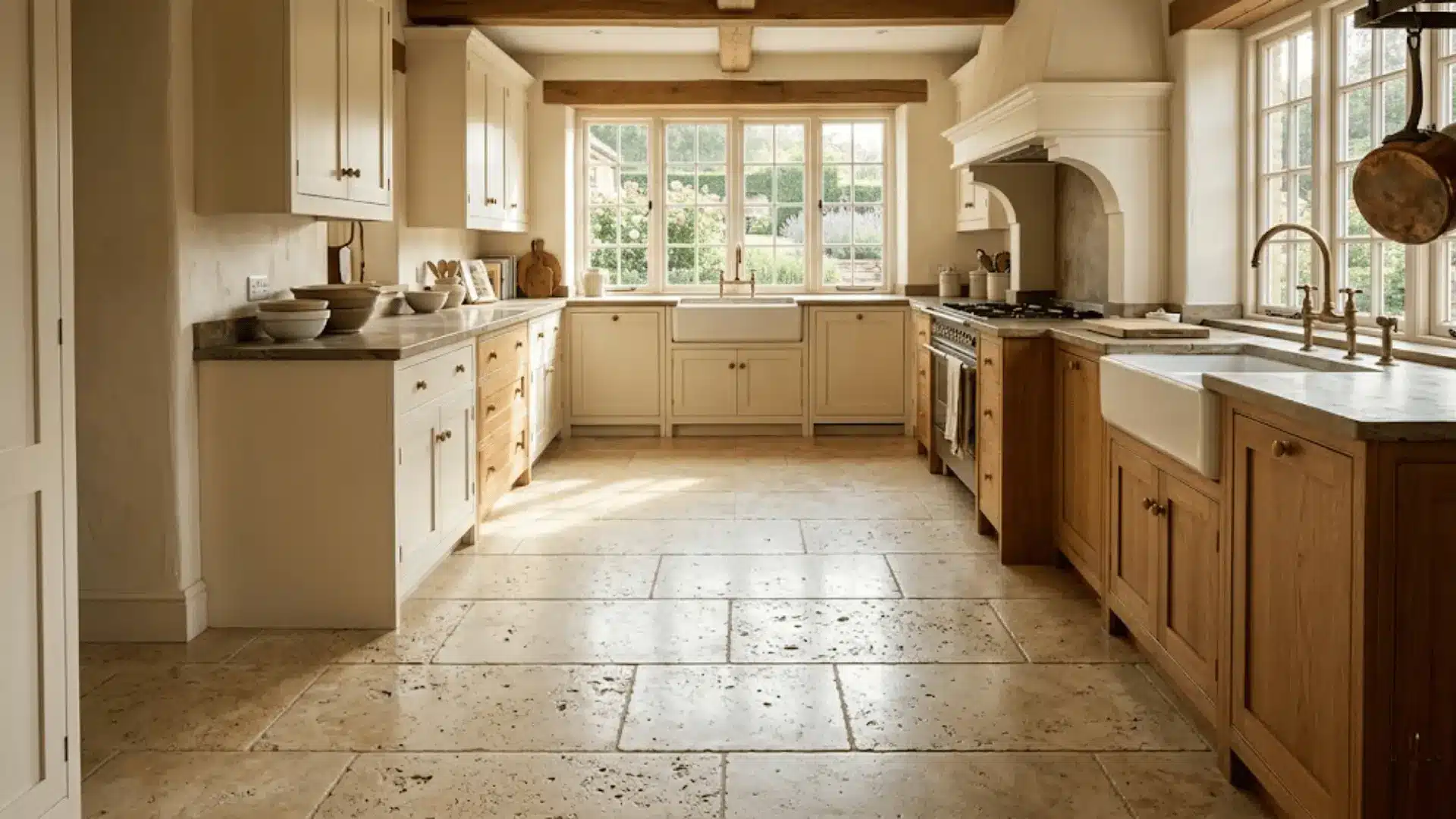 warm ivory travertine stone floor tiles in a traditional kitchen in soft morning light