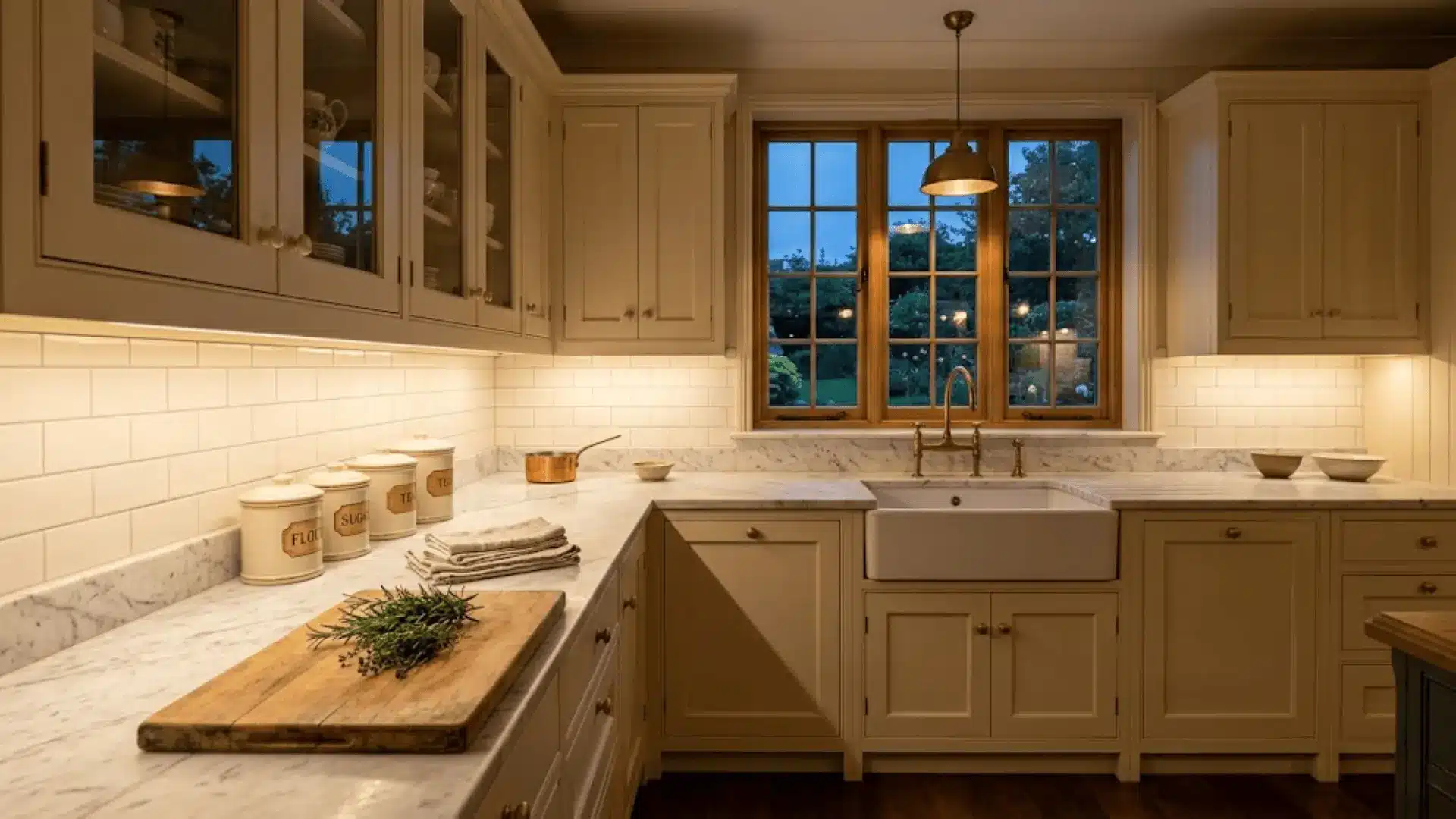 warm under-cabinet lighting glowing on marble countertop in a traditional cream kitchen at dusk