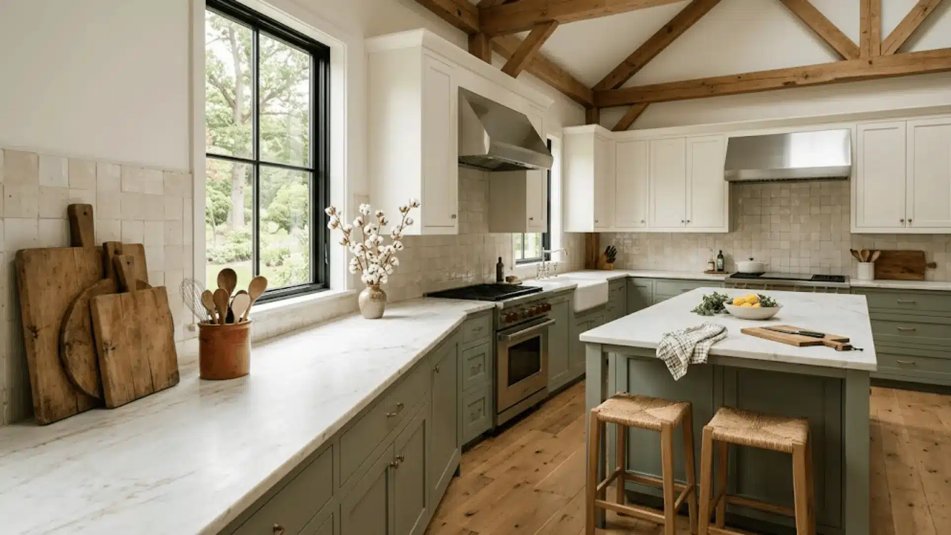 warm white and sage green barndominium kitchen with zellige tile backsplash and honed marble countertops