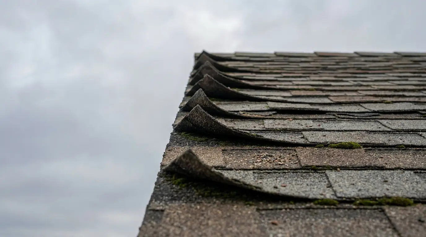 Worn asphalt shingles on roof with moss growing in overcast weather conditions