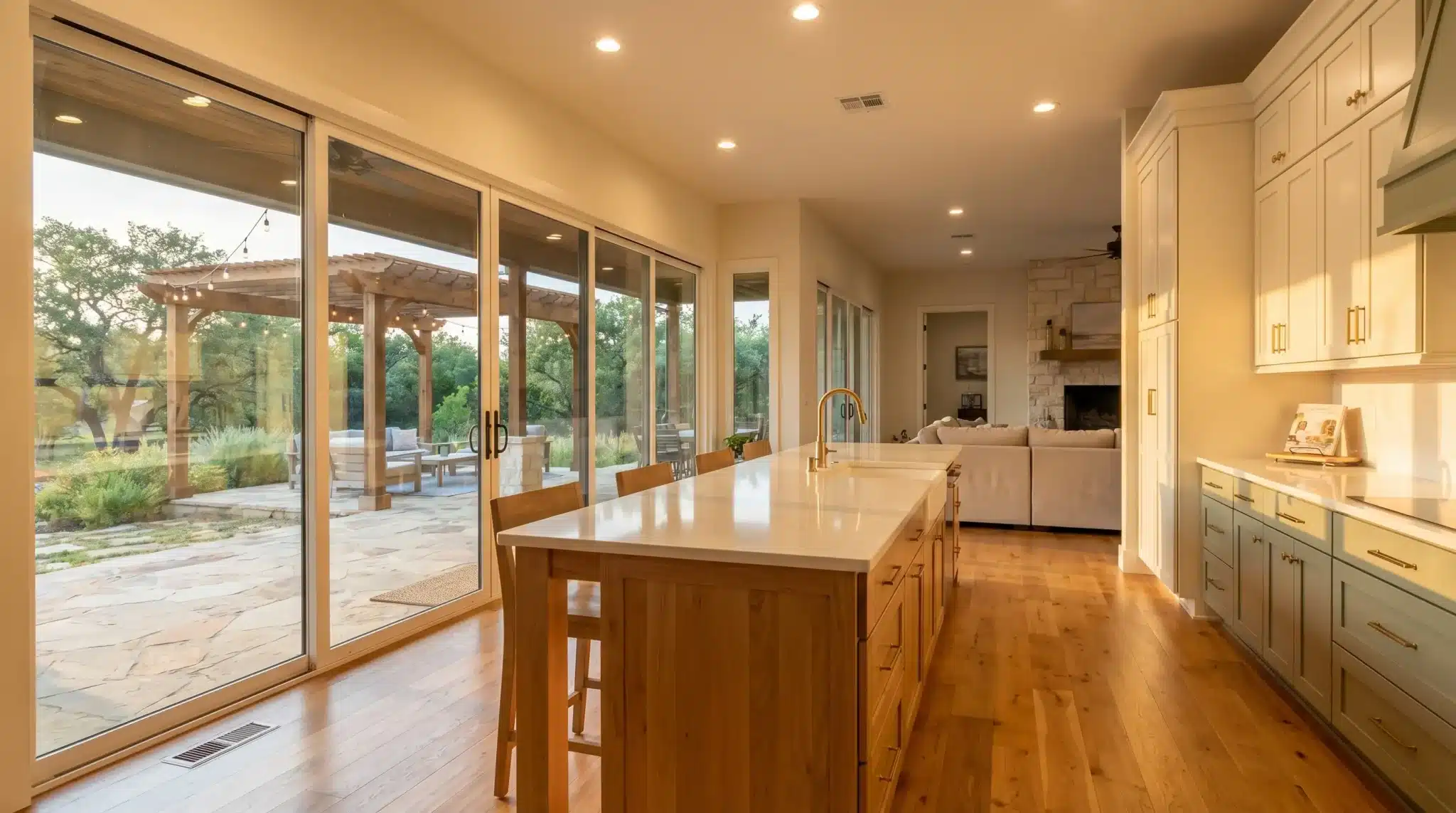 Spacious kitchen interior with wooden island and glass doors overlooking patio and garden in warm light