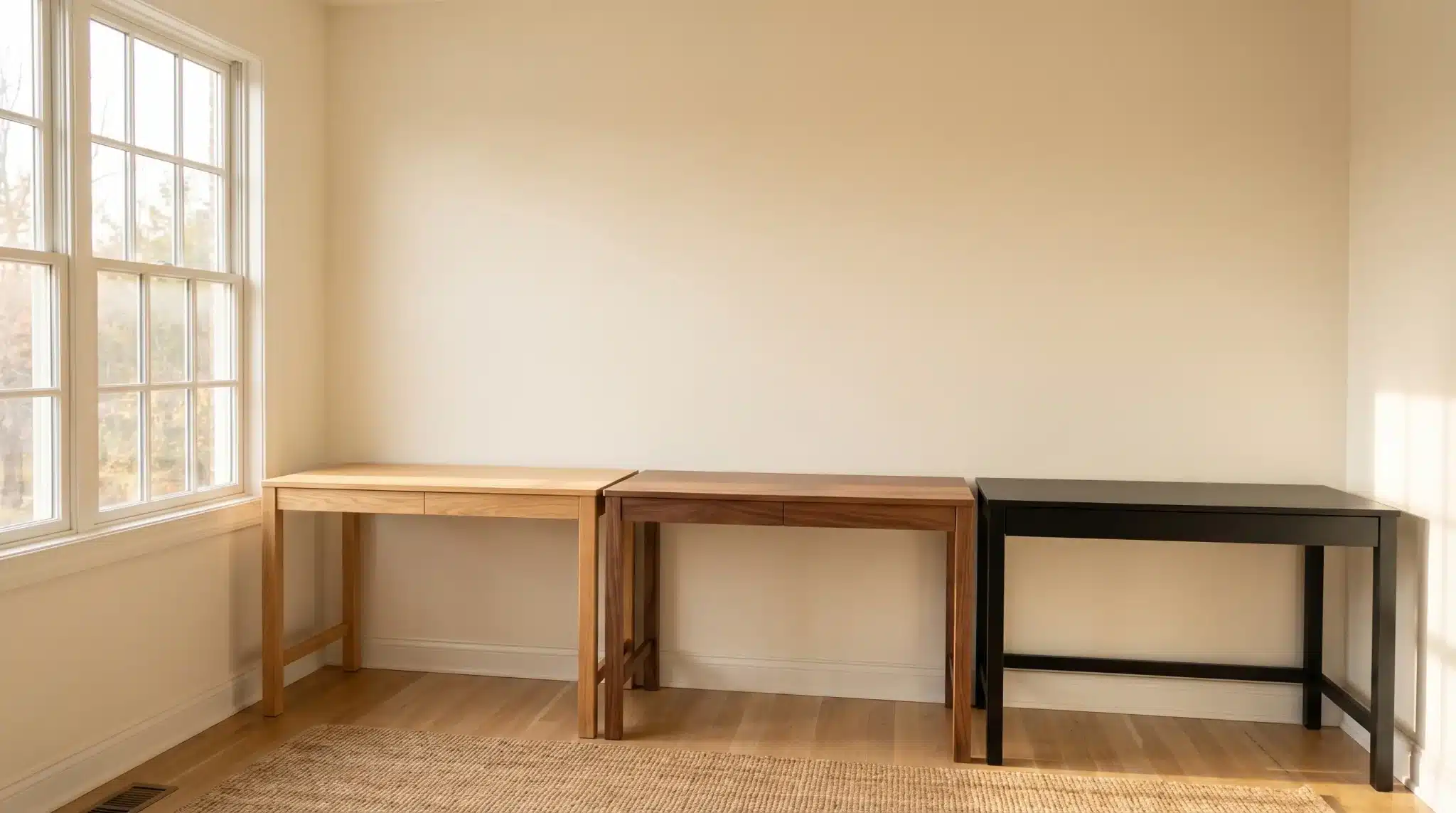 Three wooden desks in natural sunlight by a large window in a minimalist room