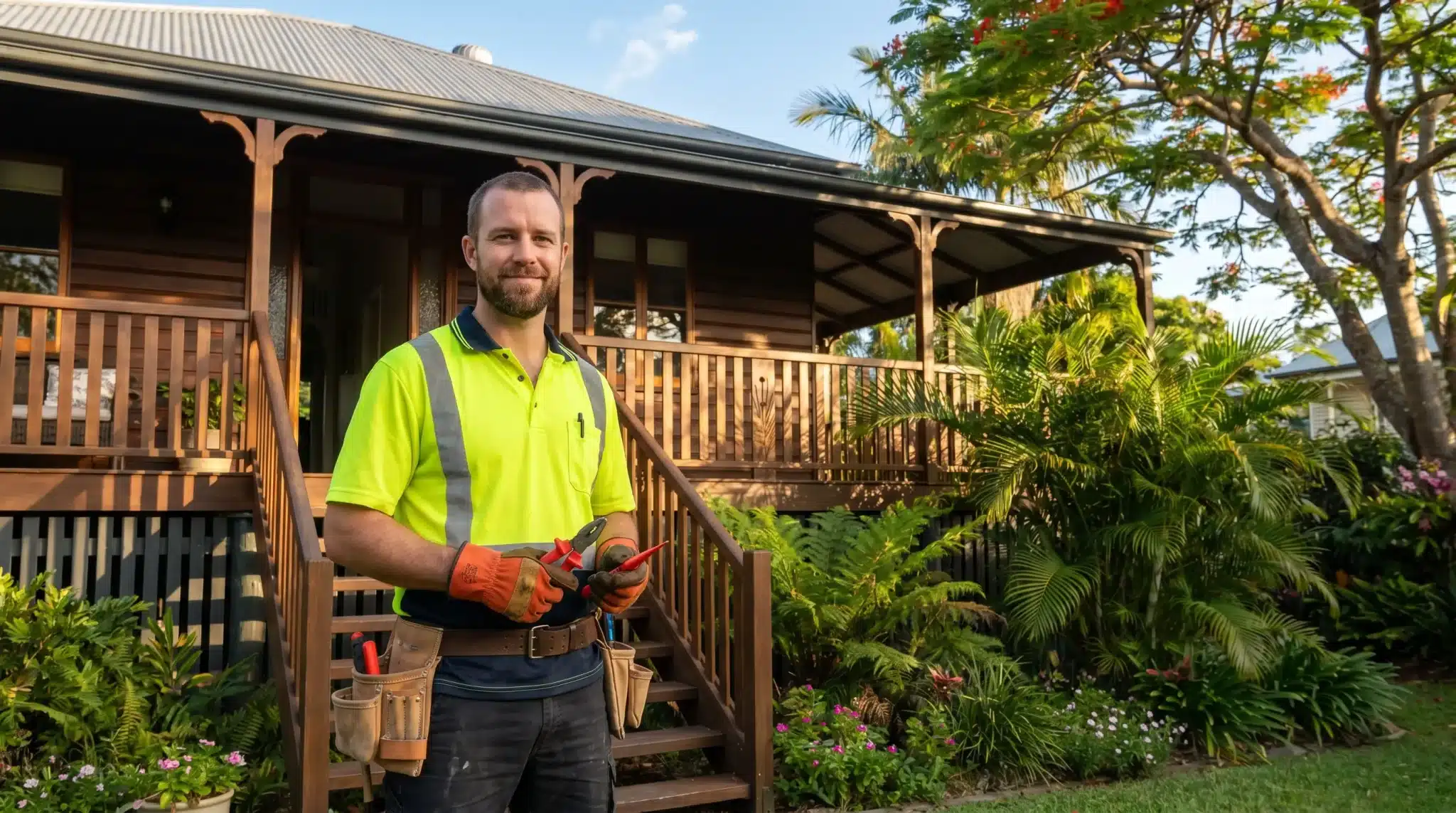 Man in high-visibility shirt holding tools in front of wooden house with garden and trees