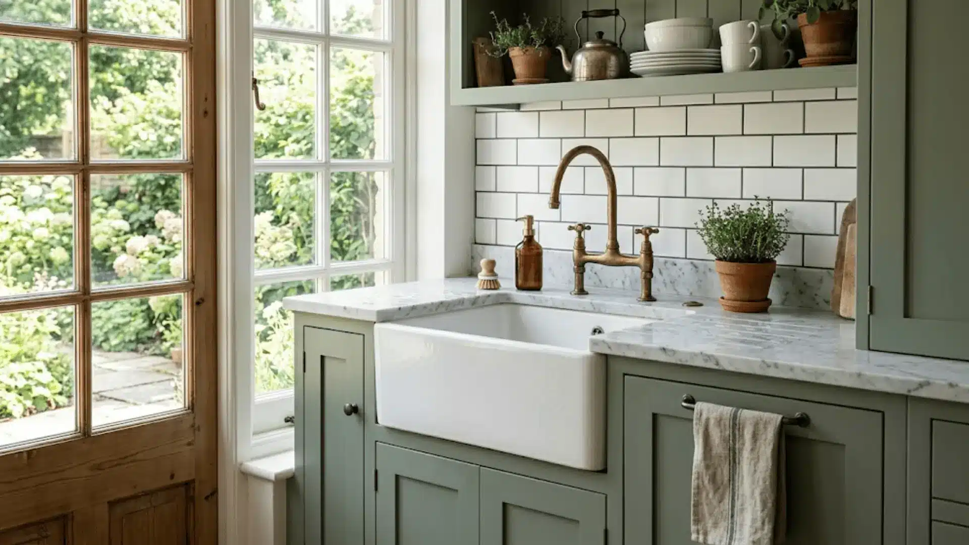 white apron farmhouse sink in sage green shaker cabinet kitchen with marble countertop and brass faucet