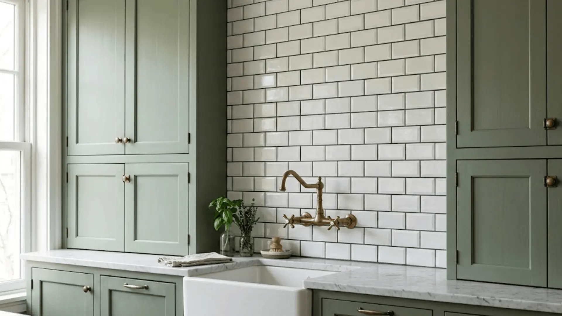 white beveled subway tile backsplash with dark grout behind sage green cabinets and brass faucet
