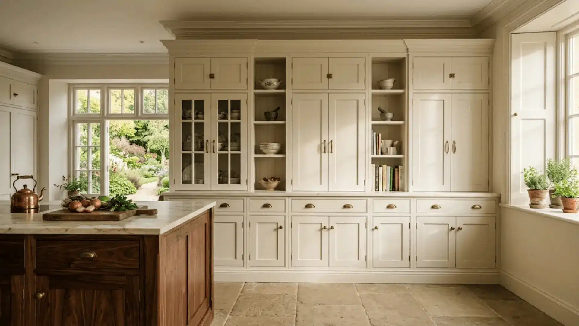 white built-in kitchen cabinetry with crown molding detail reaching up to the ceiling (1)