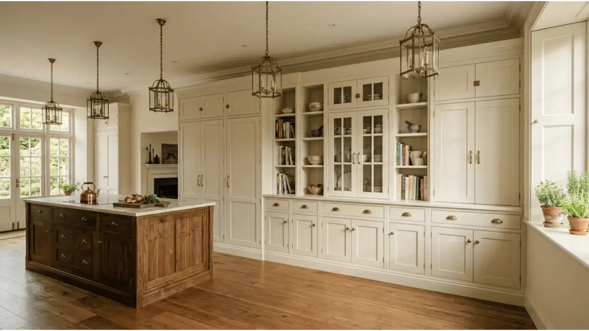 white built-in kitchen cabinetry with crown molding detail reaching up to the ceiling