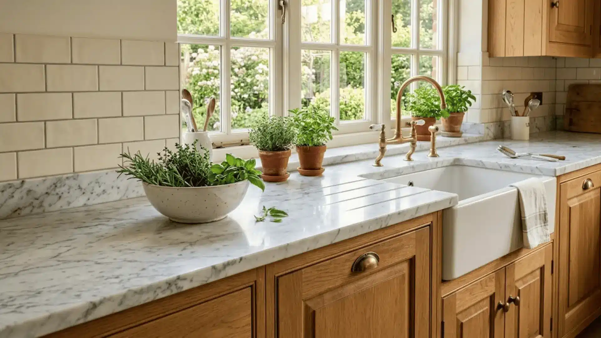 white carrara marble kitchen countertop with natural veining in warm morning light