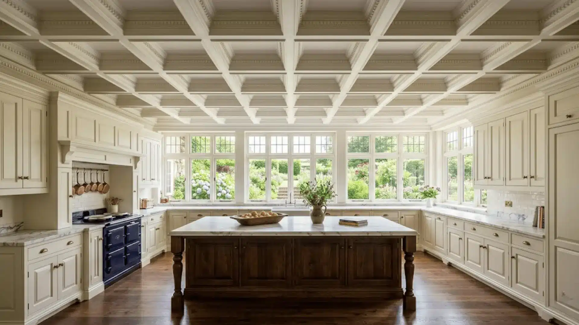 white coffered ceiling with deep recessed panels in a bright traditional kitchen with marble island