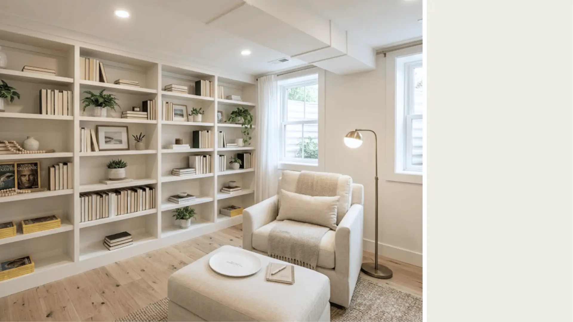 white dove oc-17 warm white basement reading nook with porcelain plate swatch
