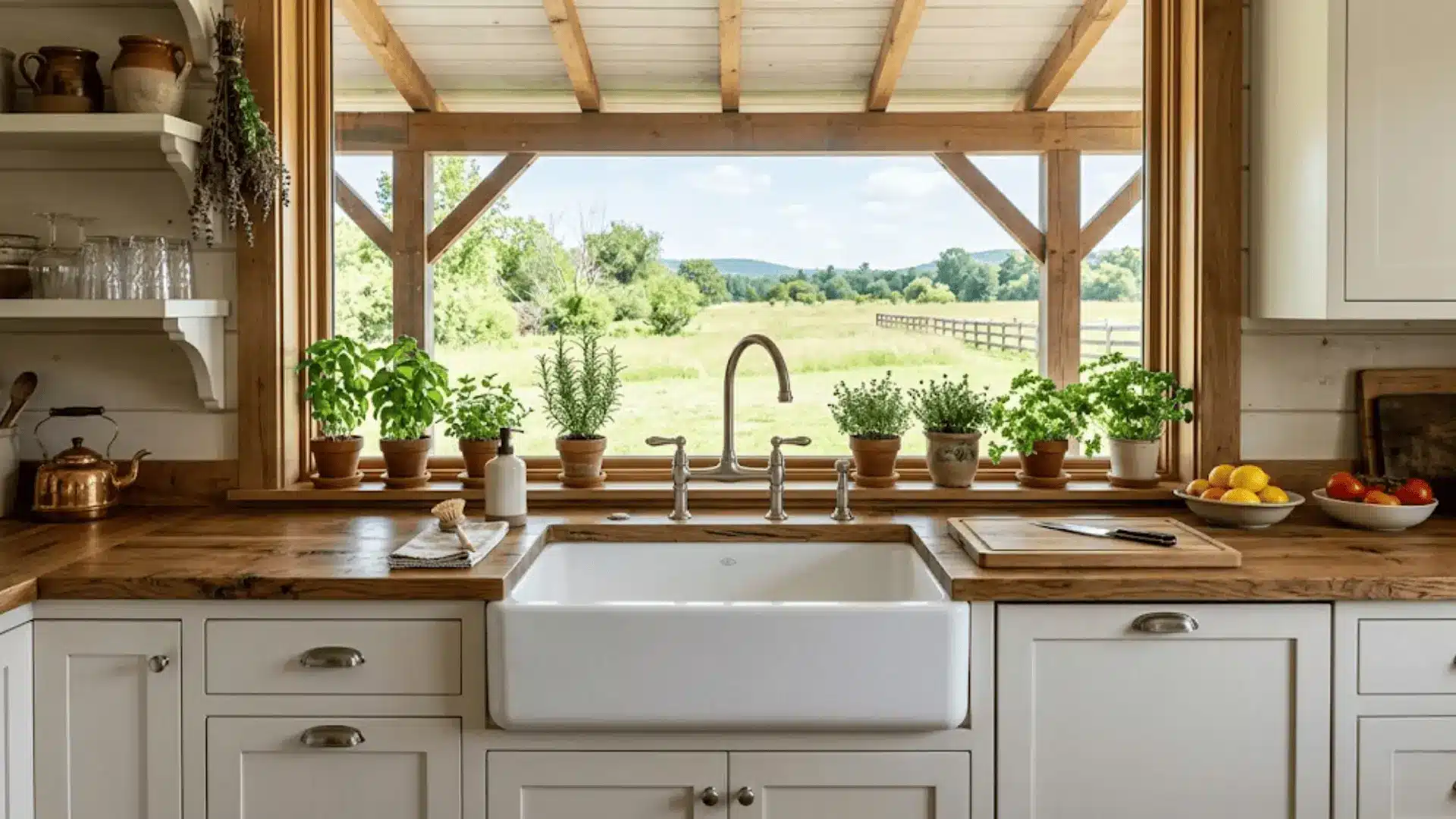 white farmhouse apron sink with bridge faucet and herb-lined window in a barndominium kitchen