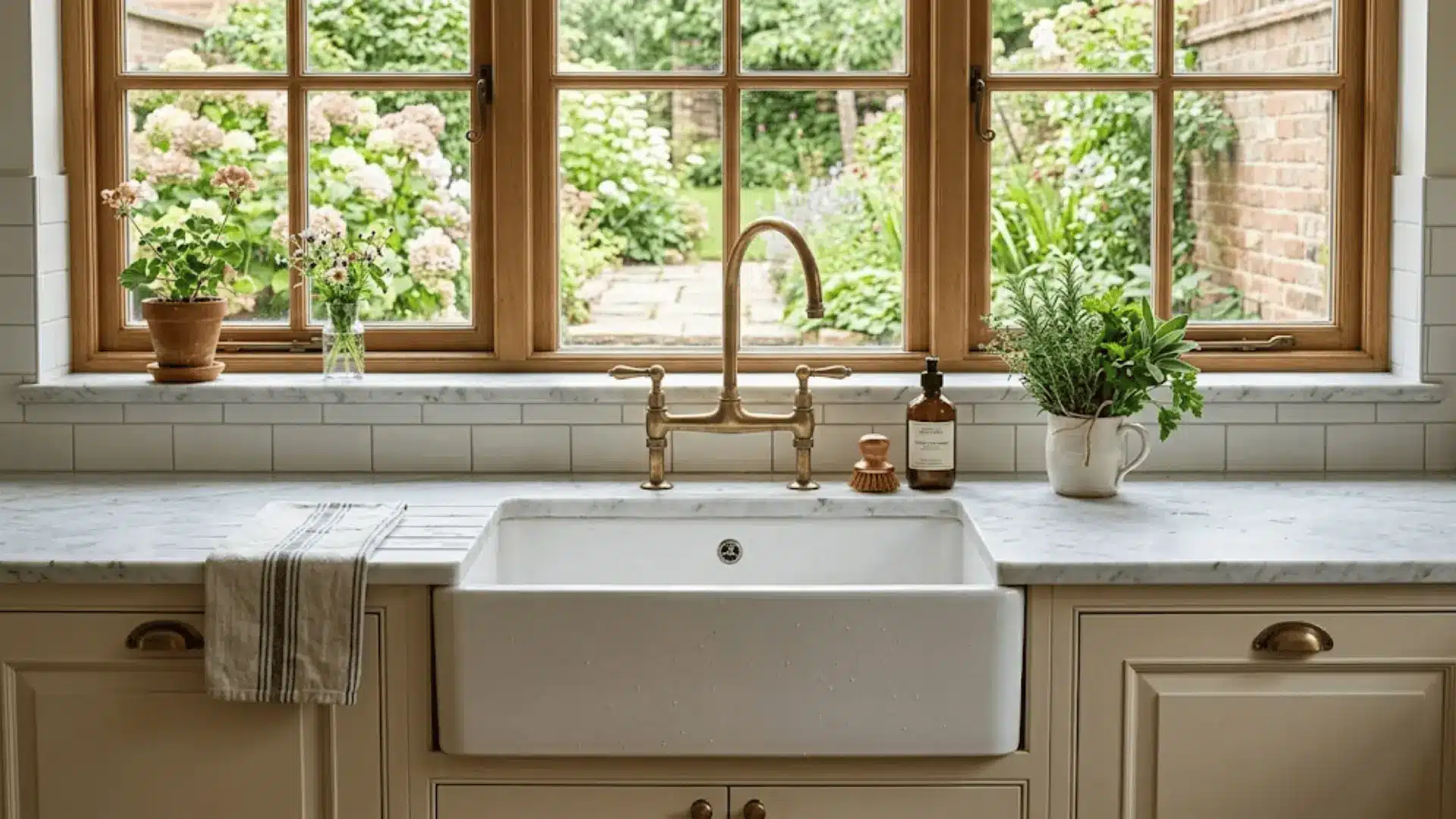 white fireclay farmhouse apron sink with brass bridge faucet under a window in a traditional kitchen
