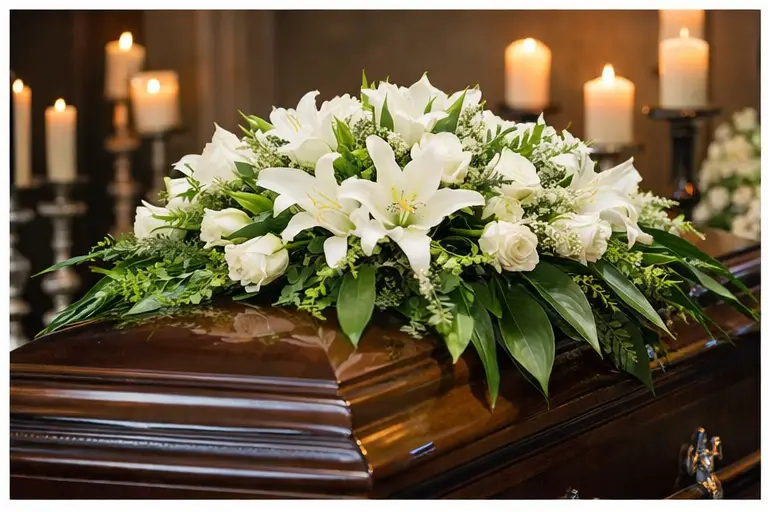 White lilies and roses arranged on polished wooden coffin in candlelit setting