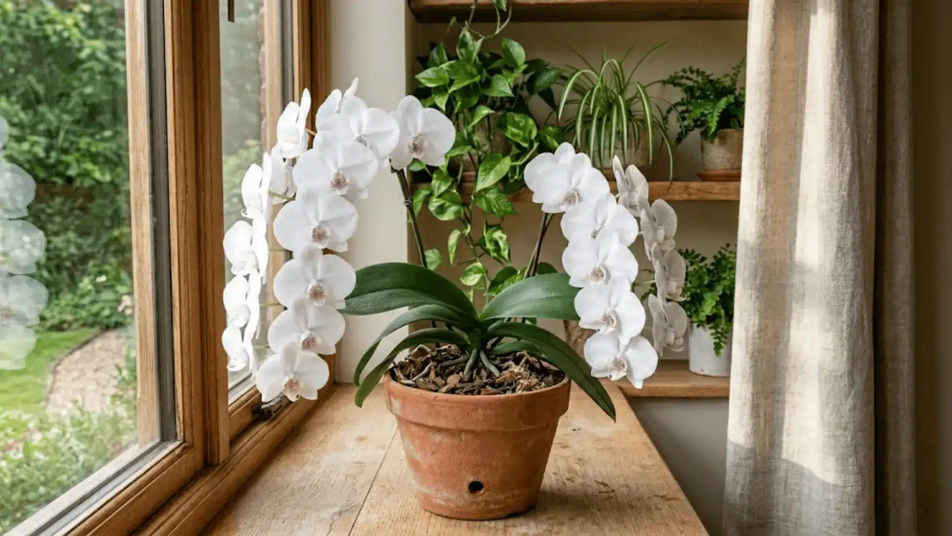 white phalaenopsis orchid in terracotta pot on oak windowsill with natural daylight and indoor plants in background